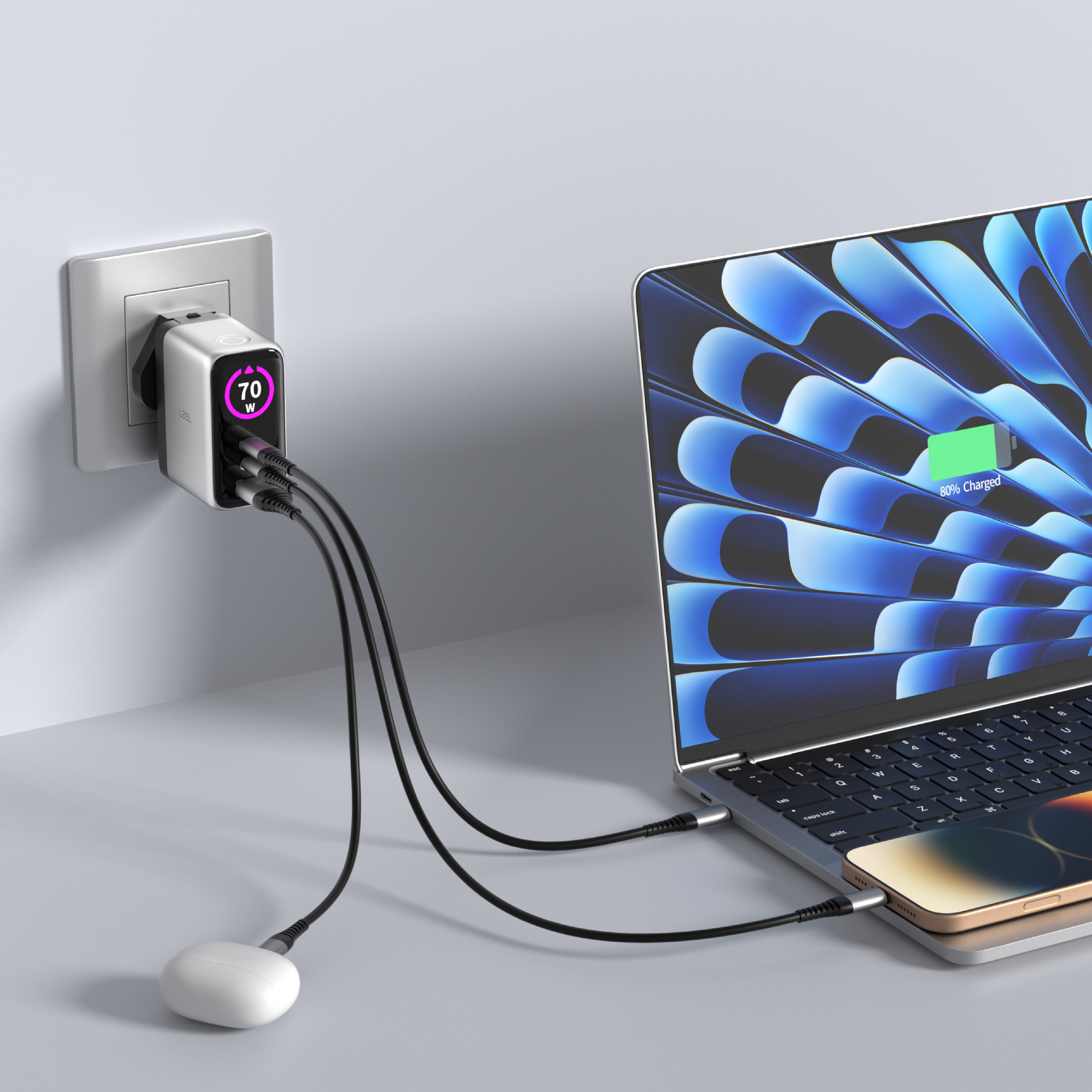 LZEL 70W GaN Travel Charger with 3-Port PD Digital Display & UK/EU/AU Plugs | Silver/Black LZEL 70W GaN Travel Charger with 3-Port PD Digital Display & UK/EU/AU Plugs | Silver/Black